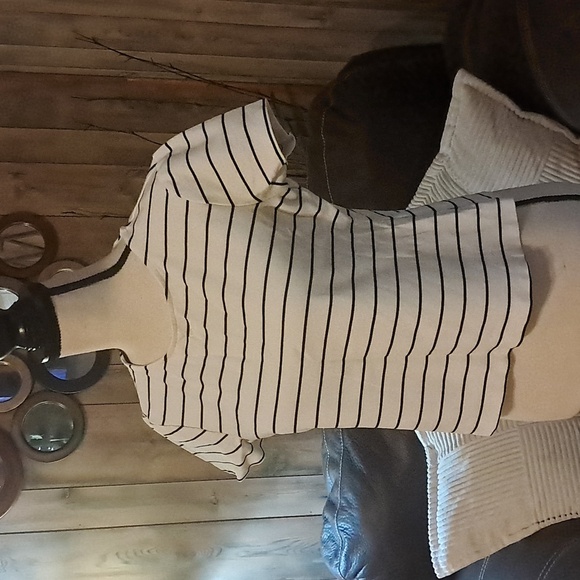 Adrienne Vittadini Black & White Striped Crew Neck Cropped Short Sleeve Top L - Picture 4 of 10